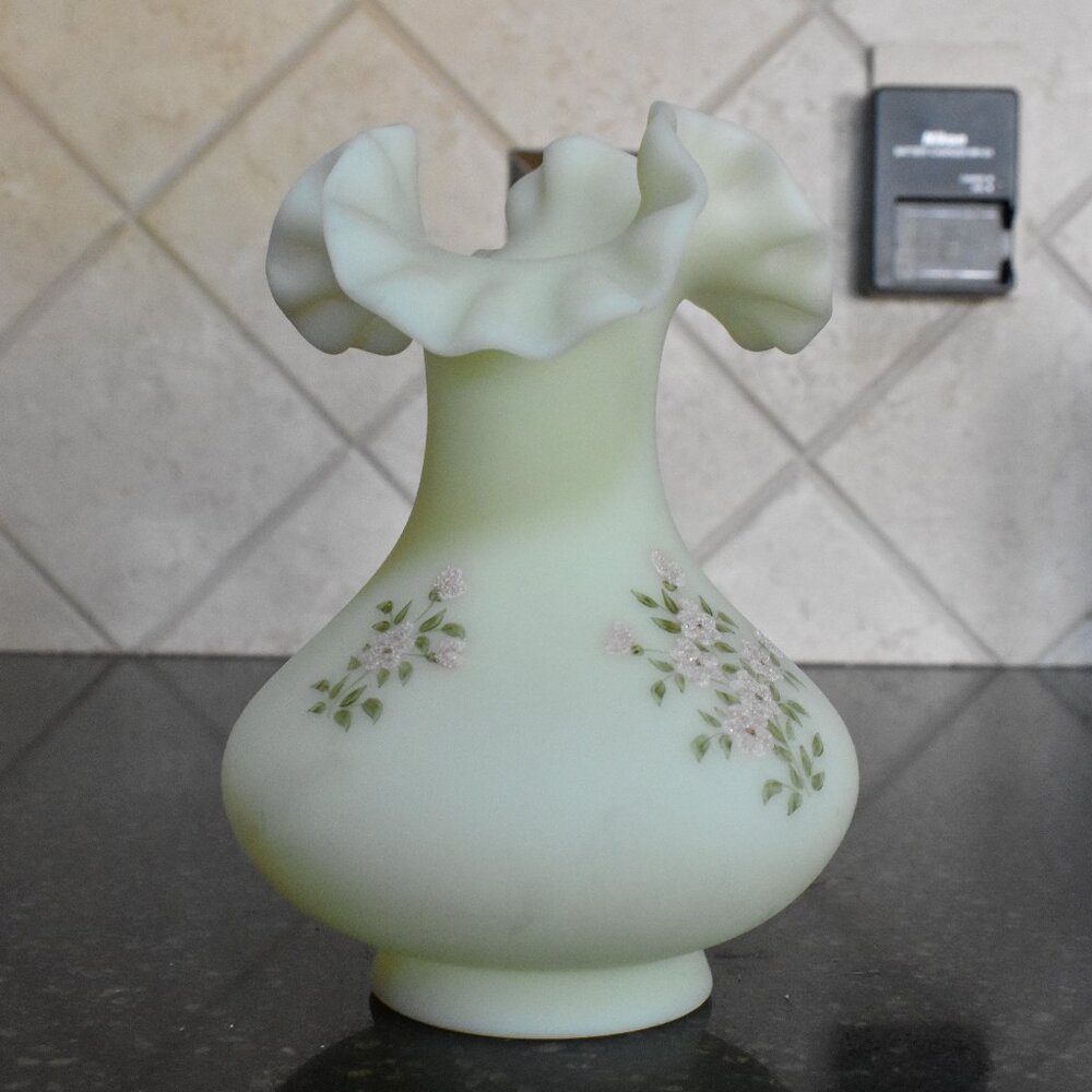 FENTON Glass Flower Vase Matte Green Hand Painted Vintage 48 Years